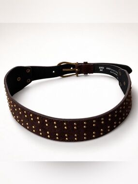 Suede Brass Studded Waist Belt, Brass Horsebit Buckle, dark brown, S/M, 26-30”
